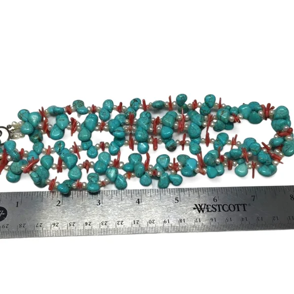16" Turquoise, Coral & Pearl necklace on 925 Sterling Silver - Picture 5 of 8